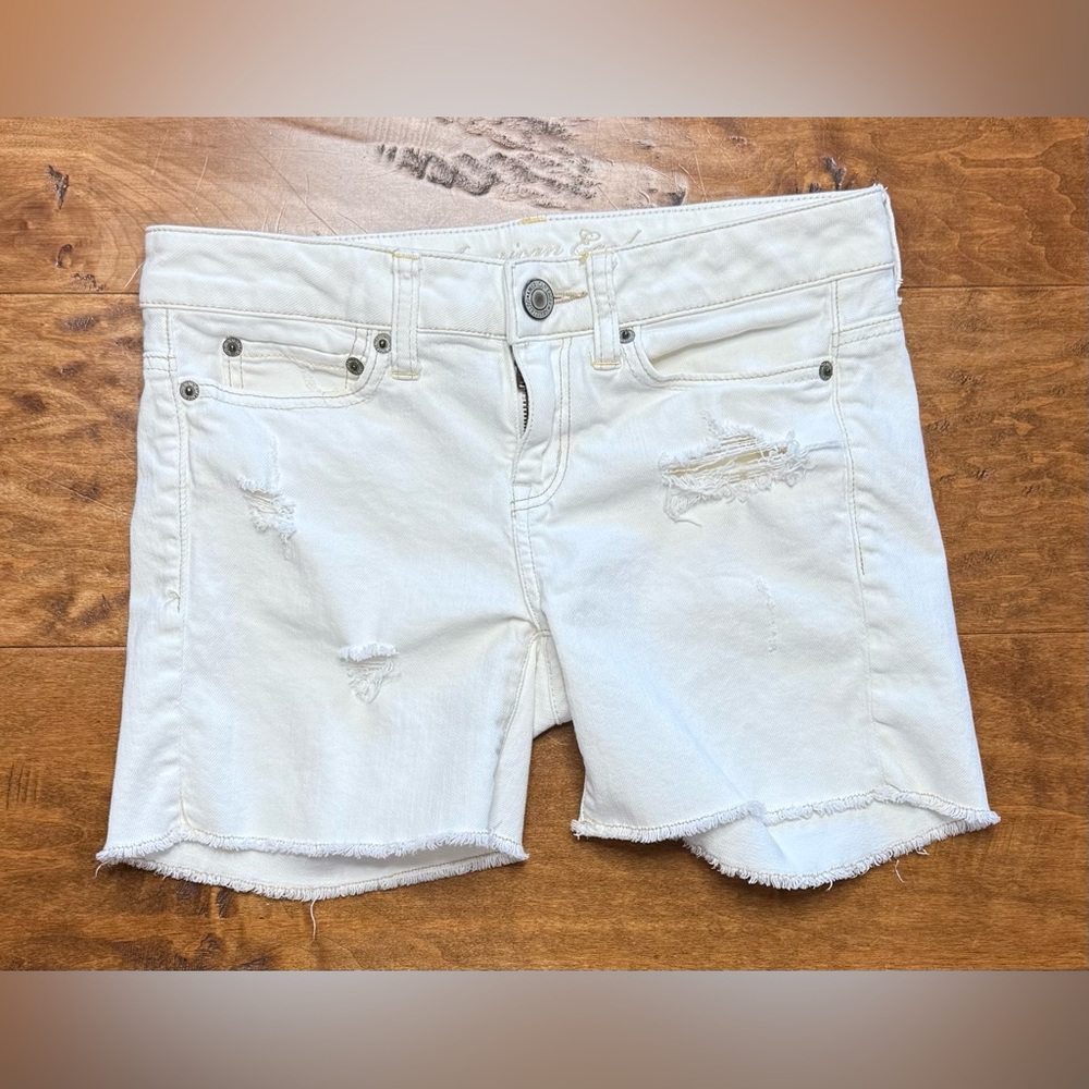 American Eagle White/Beige Distressed Denim Shorts Stretch S 00 Like New